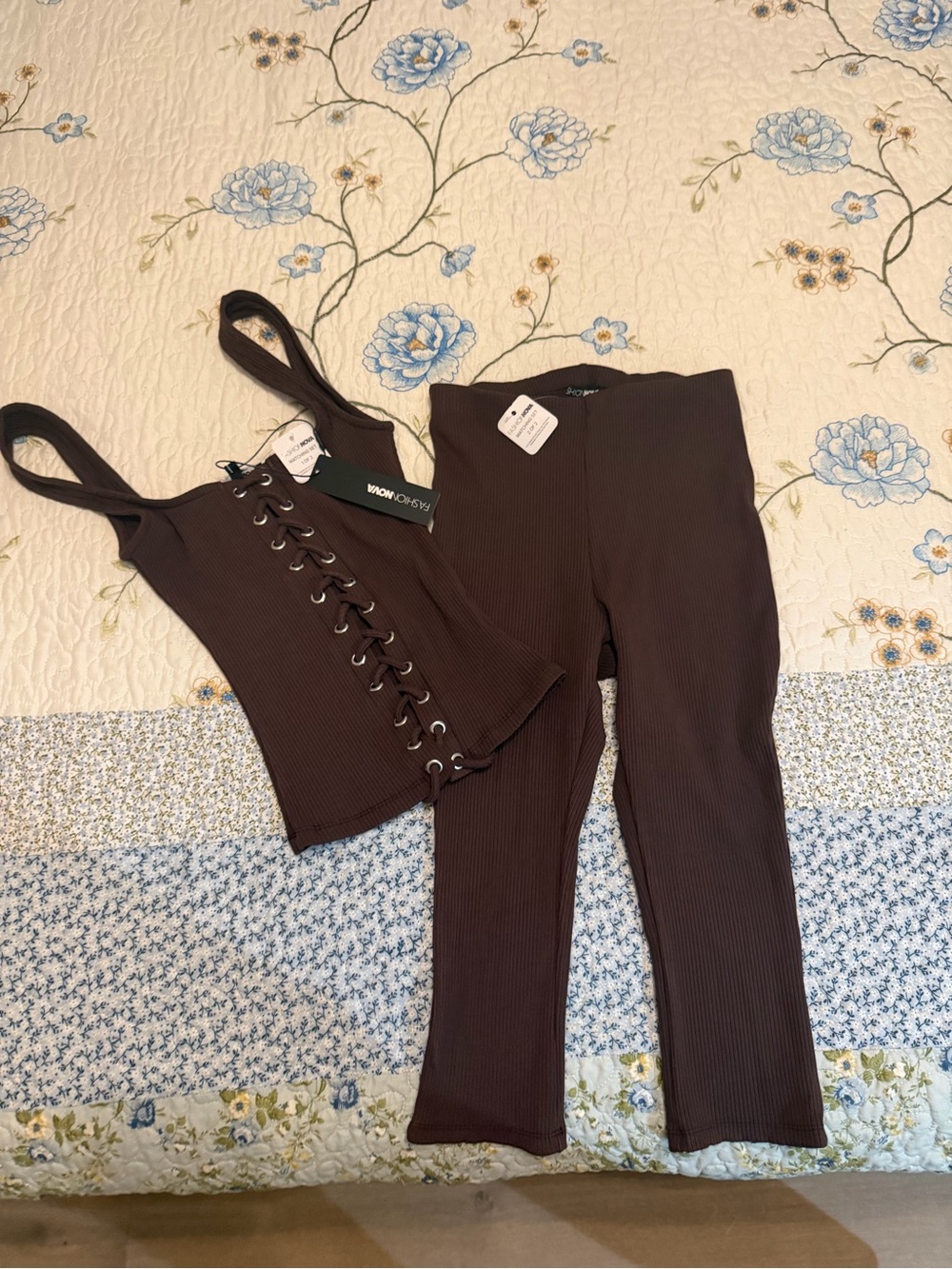 Fashion Nova Ribbed Lace-Up Tank & Fitted Pants Set - Brown